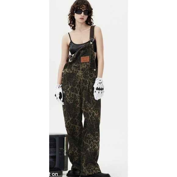 Aelfric Eden Pants - Aelfric Eden Overalls Womens XL Green Animal Print Cargo Pockets Leopard Y2K